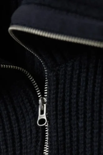 Slim Fit-Strickjacke mit Reißverschluss und Rippmuster – Dunkelblau