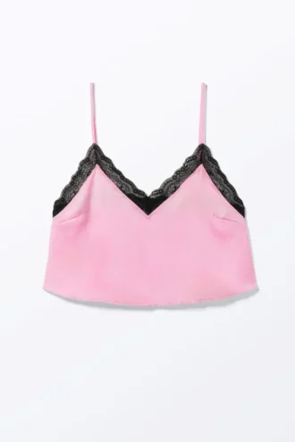 Spitzen-Satin-Träger-Top – Rosa – Schwarze Spitze