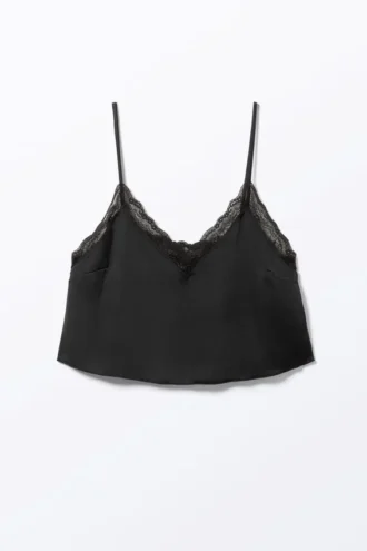 Spitzen-Satin-Träger-Top – Schwarz