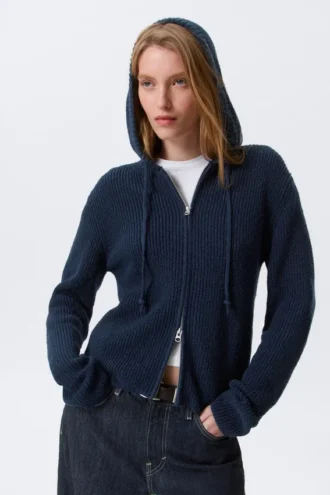 Strick-Kapuzenpullover mit Reißverschluss in Slim Fit – Dunkelblau