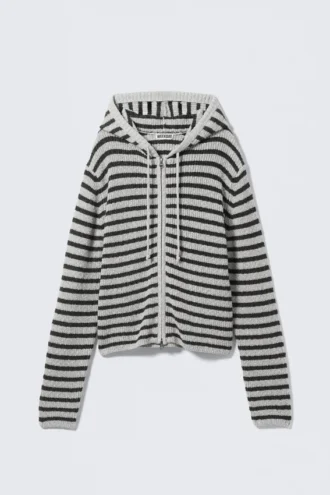Strick-Kapuzenpullover mit Reißverschluss in Slim Fit – Gestreiftes Grau Melange