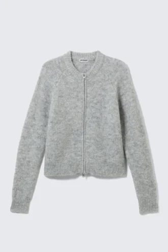 Strickjacke mit Reißverschluss aus Wollmischung und Raglanärmeln – Grau meliert