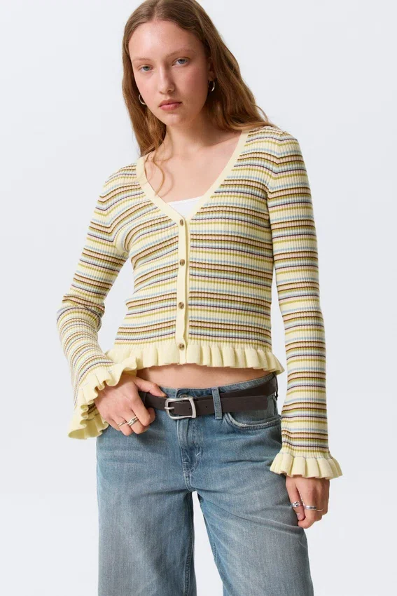 Strickjacke mit V-Ausschnitt – gestreift, hellgelb Strickjacke mit V-Ausschnitt – gestreift, hellgelb