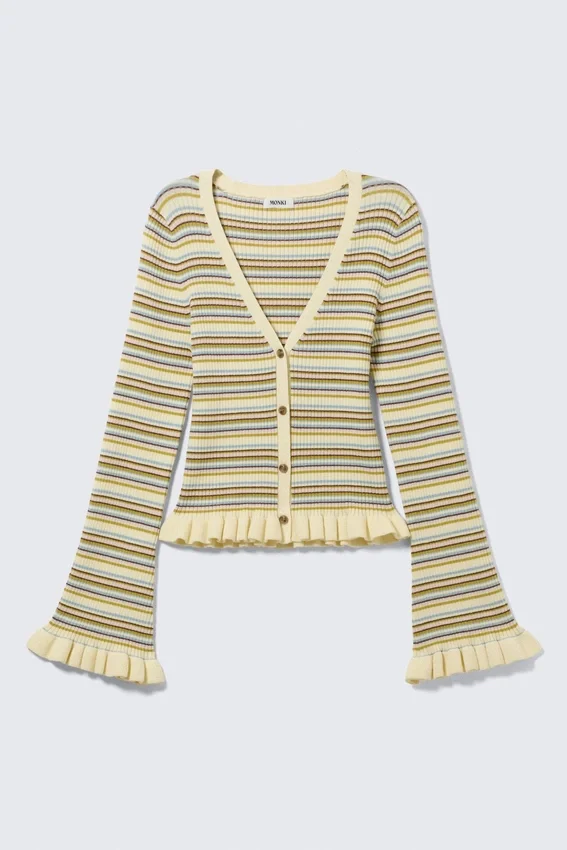 Strickjacke mit V-Ausschnitt – gestreift, hellgelb Strickjacke mit V-Ausschnitt – gestreift, hellgelb