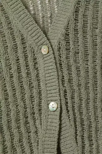 Strickjacke mit V-Ausschnitt und offenem Strickmuster – Khaki-Grün
