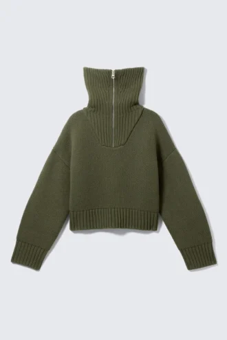 Strickpullover mit Trichterkragen und doppeltem Reißverschluss – Khaki-Grün