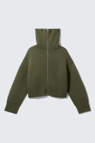 Strickpullover mit Trichterkragen und doppeltem Reißverschluss – Khaki-Grün
