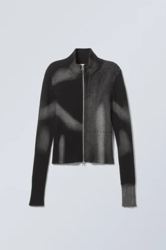 Taiki-Strickjacke mit Reißverschluss – zweifarbig mit schwarzen und grauen Streifen