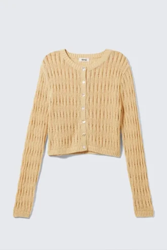 Taillierte, langärmelige Strickjacke – Beige