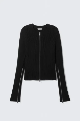 Taillierte Strickjacke mit Rippmuster und Reißverschluss – Schwarz Taillierte Strickjacke mit Rippmuster und Reißverschluss – Schwarz