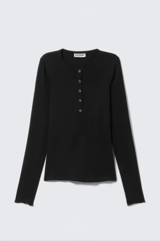 Tailliertes Langarm-Henley-Top – Schwarz