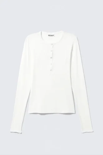 Tailliertes Langarm-Henley-Top – Weiß