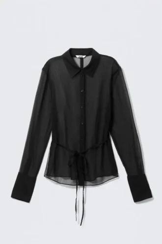 Tailliertes, transparentes Hemd mit Bindeband – Schwarz