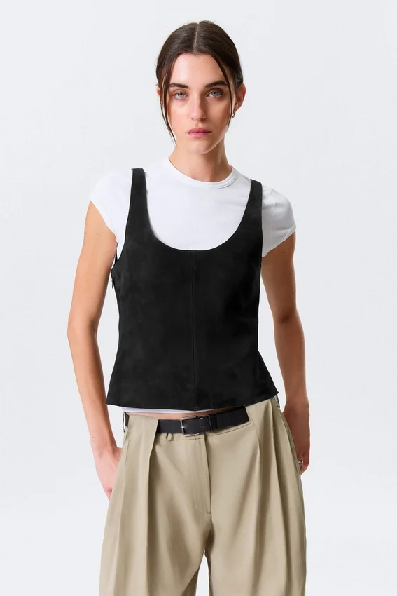 Tanktop aus Leder mit U-Ausschnitt – Schwarz Tanktop aus Leder mit U-Ausschnitt – Schwarz