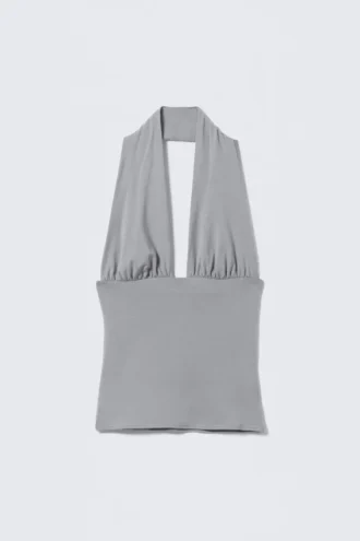 Tief ausgeschnittenes Neckholder-Top – Staubgrau