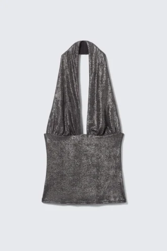 Tief schimmerndes Neckholder-Top – Dunkelgrau schimmernd