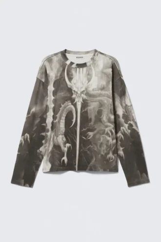 Tolles, kastenförmiges Langarmshirt mit Print – Dunkelgrau – Drachenprint