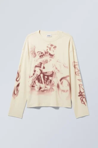 Tolles, kastenförmiges Langarmshirt mit Print – Staubweiß
