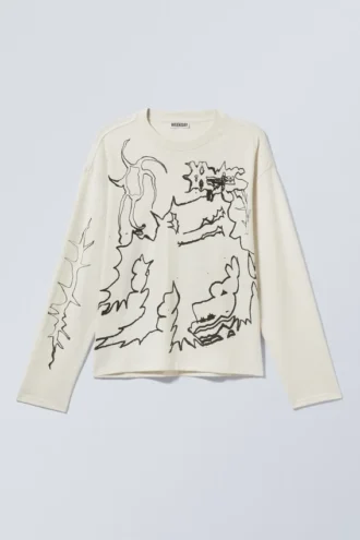 Tolles, kastenförmiges Langarmshirt mit Print – Staubweiß – Shaky Monster