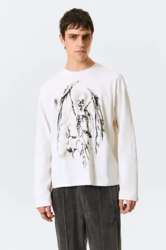 Tolles, kastenförmiges Langarmshirt mit Print und langen Ärmeln – Weiß – Skeleton Angel