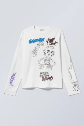 Tolles, kastenförmiges Langarmshirt mit Print – Weiß – Skeleton Dreams
