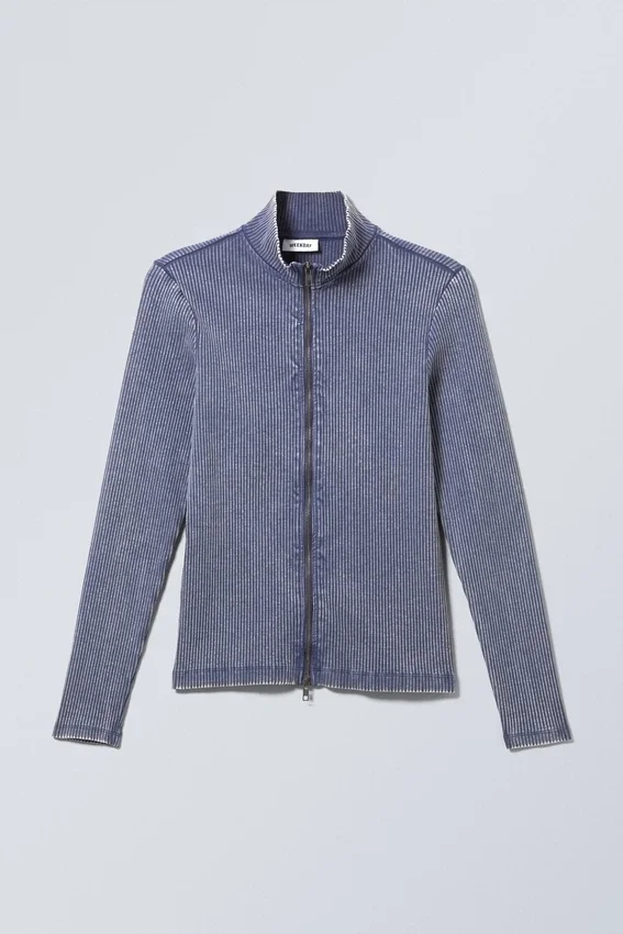 Toni Zweifarbiger Rollkragenpullover mit Rippmuster und Reißverschluss – Zweifarbig Blau & Weiß Toni Zweifarbiger Rollkragenpullover mit Rippmuster und Reißverschluss – Zweifarbig Blau & Weiß