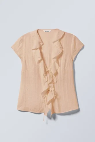 Top mit Rüschen und Bindeband vorne – Beige