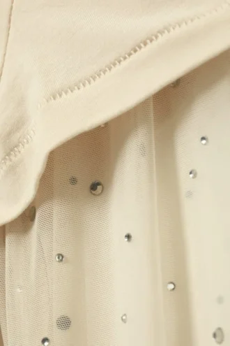Top mit Strass-Mesh-Ärmeln – Beige