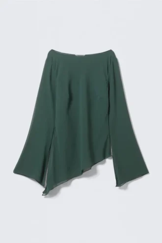 Transparente, asymmetrische Langarmbluse – Petrol