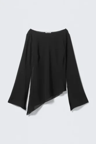 Transparente, asymmetrische Langarmbluse – Schwarz