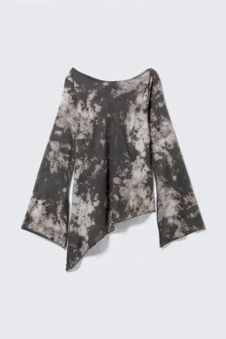 Transparente, asymmetrische Langarmbluse – Schwarz – Obsidian Mist