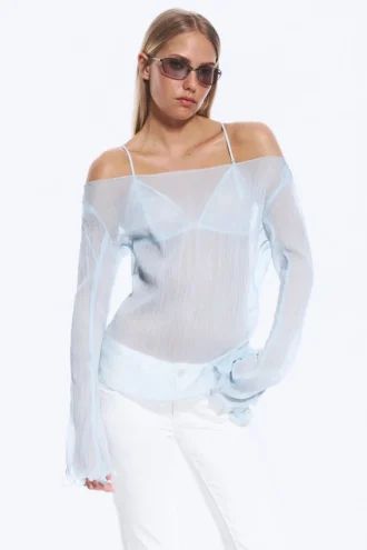 Transparente Bluse mit U-Boot-Ausschnitt und ausgestellten Ärmeln – Hellstaubblau