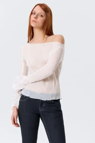 Transparente Bluse mit U-Boot-Ausschnitt und ausgestellten Ärmeln – Weiß