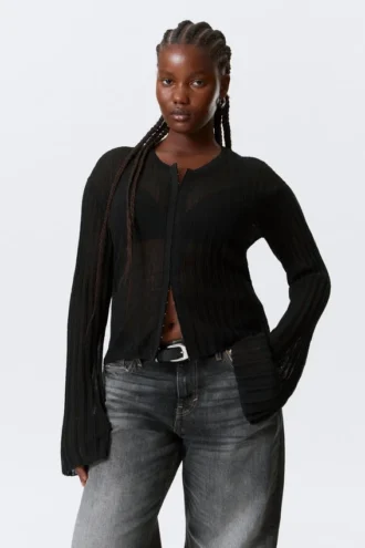 Transparente Strickjacke aus Leinenmischung – Schwarz Transparente Strickjacke aus Leinenmischung – Schwarz