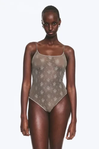 Transparenter Spitzen-Bodysuit mit tiefem Rückenausschnitt – Transparent, staubgrau