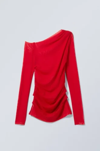 Transparentes, drapiertes, asymmetrisches Langarm-Oberteil – Rot