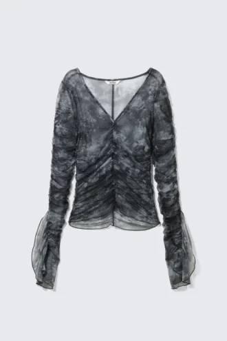 Transparentes, gerafftes Mesh-Oberteil – schwarzer Barock-Print