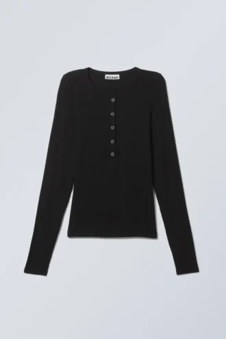 Transparentes, geripptes Henley-Oberteil mit langen Ärmeln – Schwarz