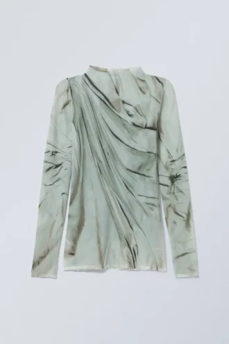 Transparentes Langarmshirt mit Stehkragen – Grüne Trompe-l’œil-Drapierung
