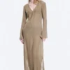Transparentes, langärmeliges Maxikleid mit V-Ausschnitt – Beige Transparentes, langärmeliges Maxikleid mit V-Ausschnitt – Beige