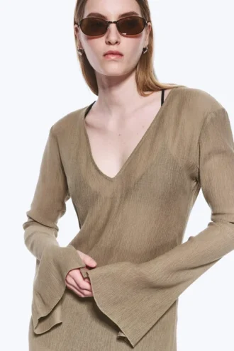 Transparentes, langärmeliges Maxikleid mit V-Ausschnitt – Beige