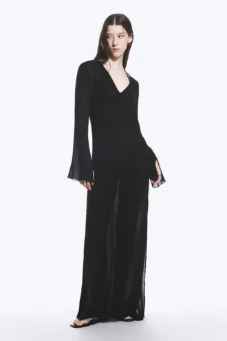 Transparentes, langärmeliges Maxikleid mit V-Ausschnitt – Schwarz