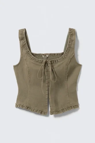 Twill-Korsett-Top mit Rüschenbesatz – Khaki-Grün