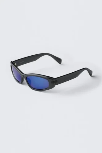 Unisex-Sonnenbrille mit geschwungenem Rahmen – Dunkelgrau – Blaue Gläser
