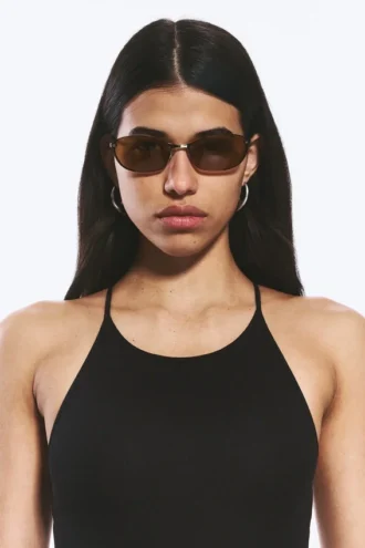 Unisex-Sonnenbrille mit ovalem Metallrahmen – Messing – braune Gläser