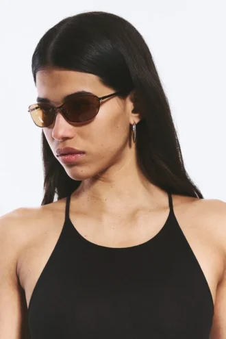 Unisex-Sonnenbrille mit ovalem Metallrahmen – Messing – braune Gläser