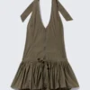 Utility-Mini-Kleid mit Neckholder – Dunkelkhaki Utility-Mini-Kleid mit Neckholder – Dunkelkhaki