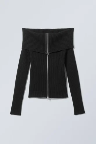 Vanna Off-Shoulder-Strickjacke mit Reißverschluss – Schwarz Vanna Off-Shoulder-Strickjacke mit Reißverschluss – Schwarz