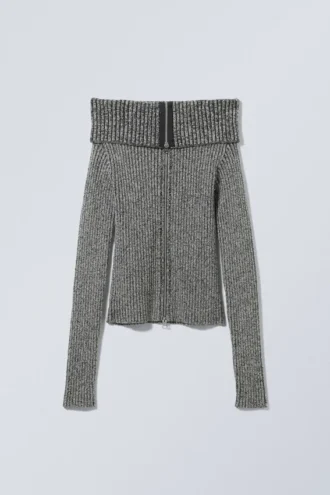 Vanna Off-Shoulder-Strickjacke mit Reißverschluss – zweifarbig grau