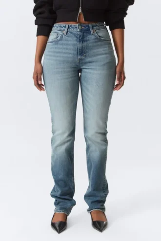 Vega Curve Slim-Fit-Jeans mit hoher Taille – Blue Horses – Mittelblau